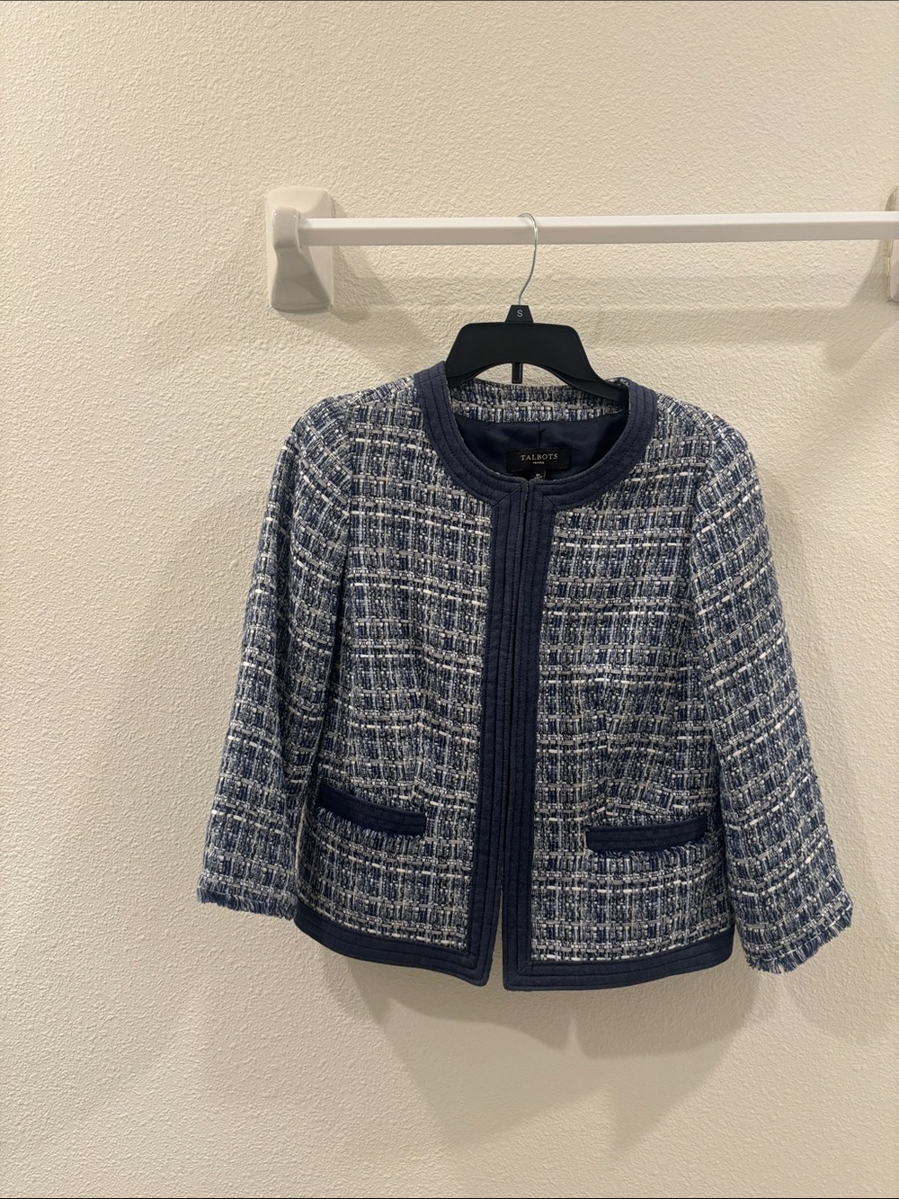 Talbots Navy and White Tweed Collarless Blazer